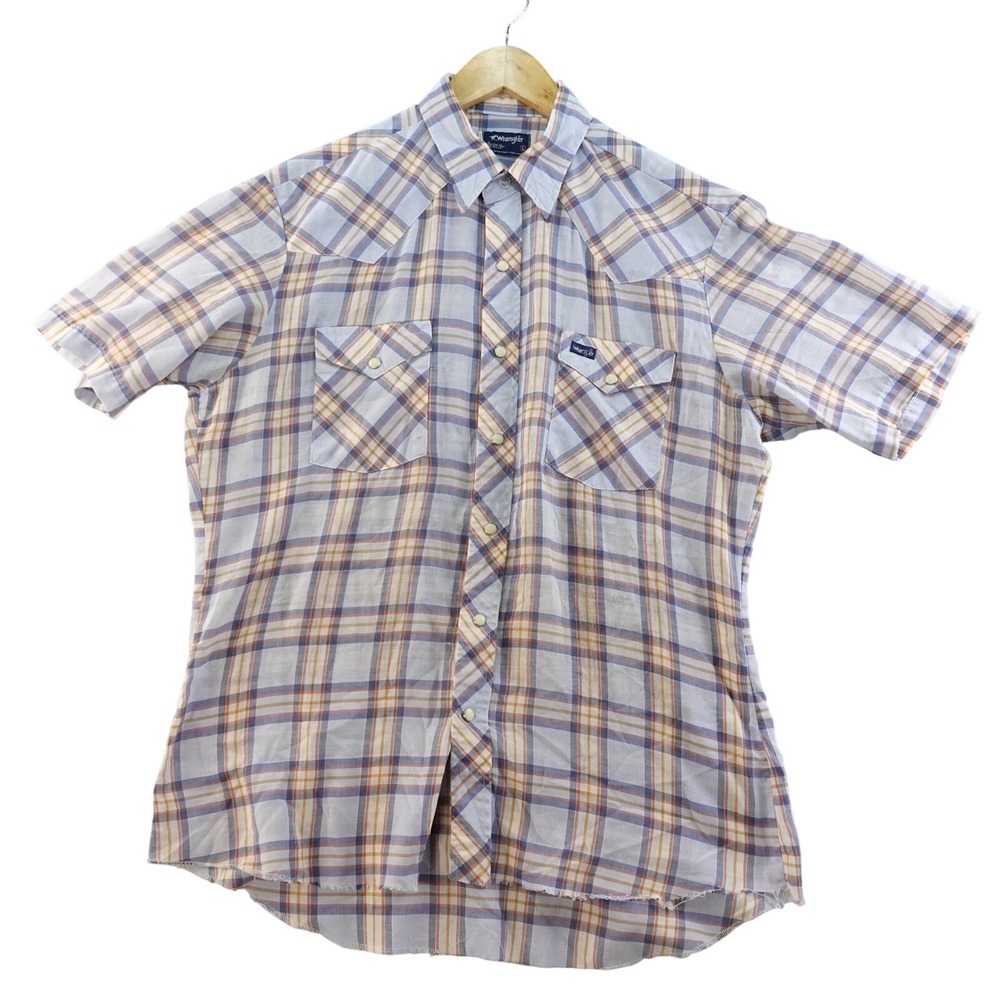 Vintage USA Made Wrangler Plaid Western Shirt Mens L Short Sleeve Pearl Snap